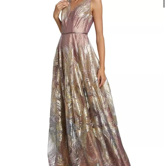 Rene Ruiz feathered fit flair gown